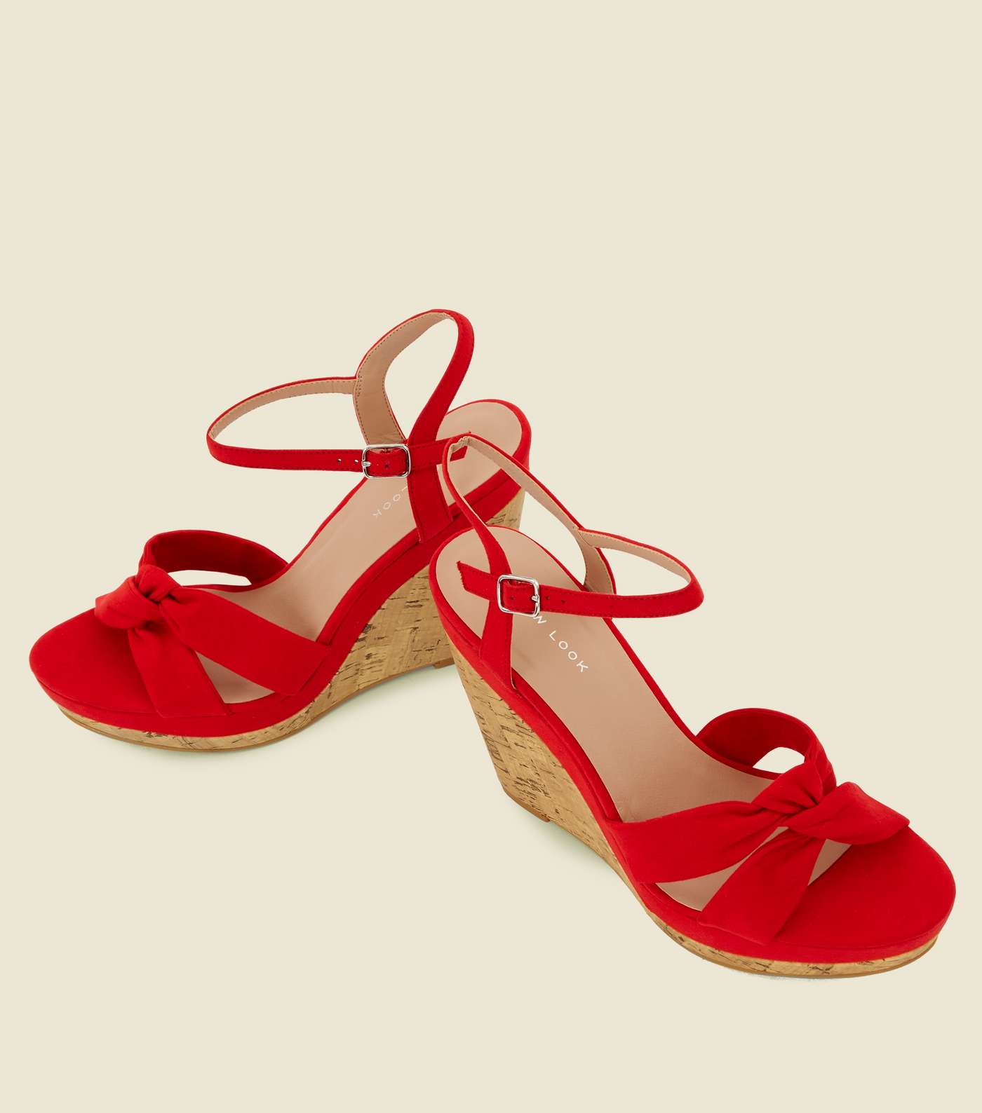 Red Suedette Knot Strap Cork Wedges Image 3