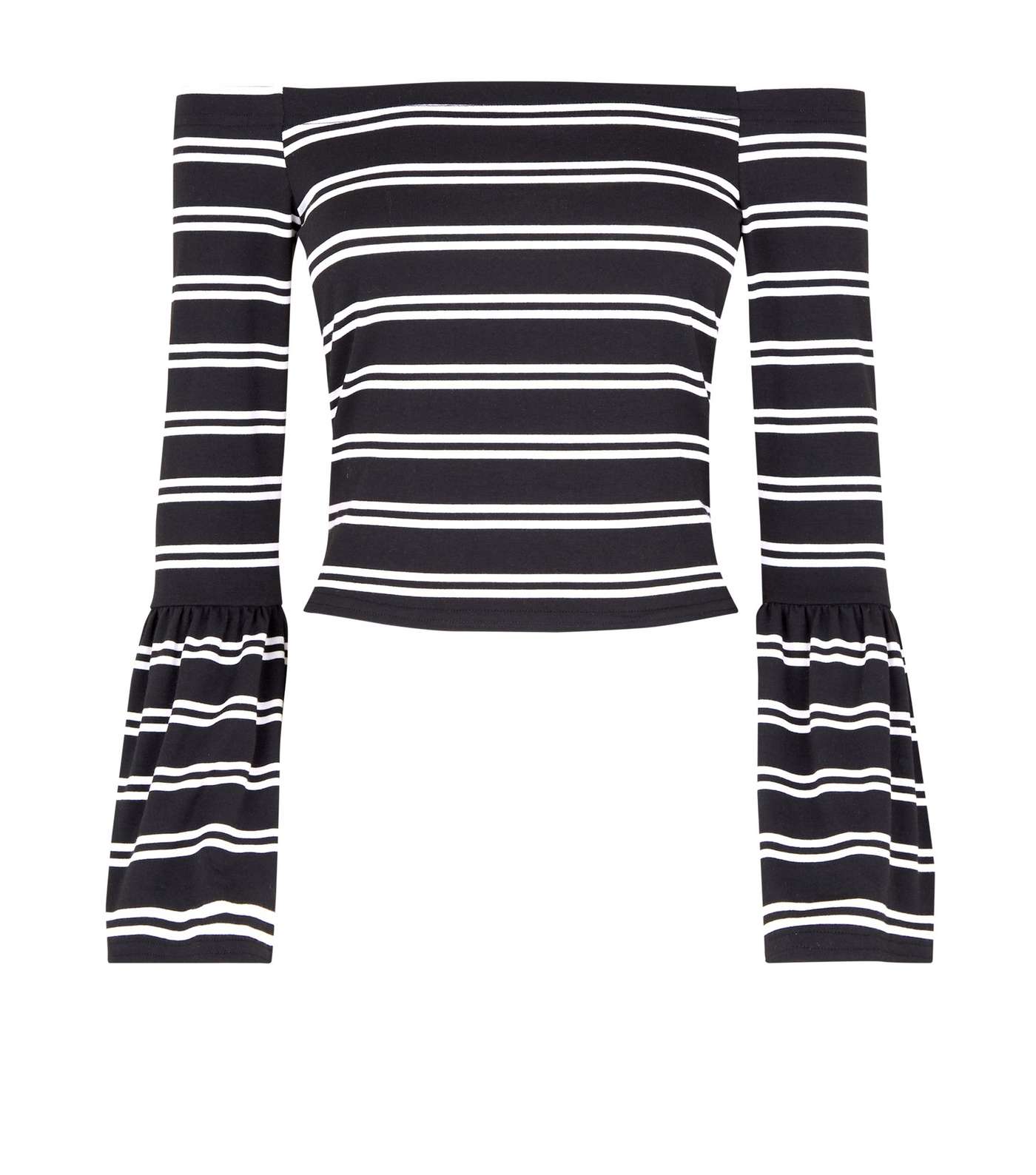 Black Stripe Bell Sleeve Bardot Neck Top Image 4