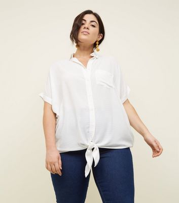 Women's Plus Size Shirts & Blouses | Check Shirts | New Look Curves Off White Woven Tie Front Shirt