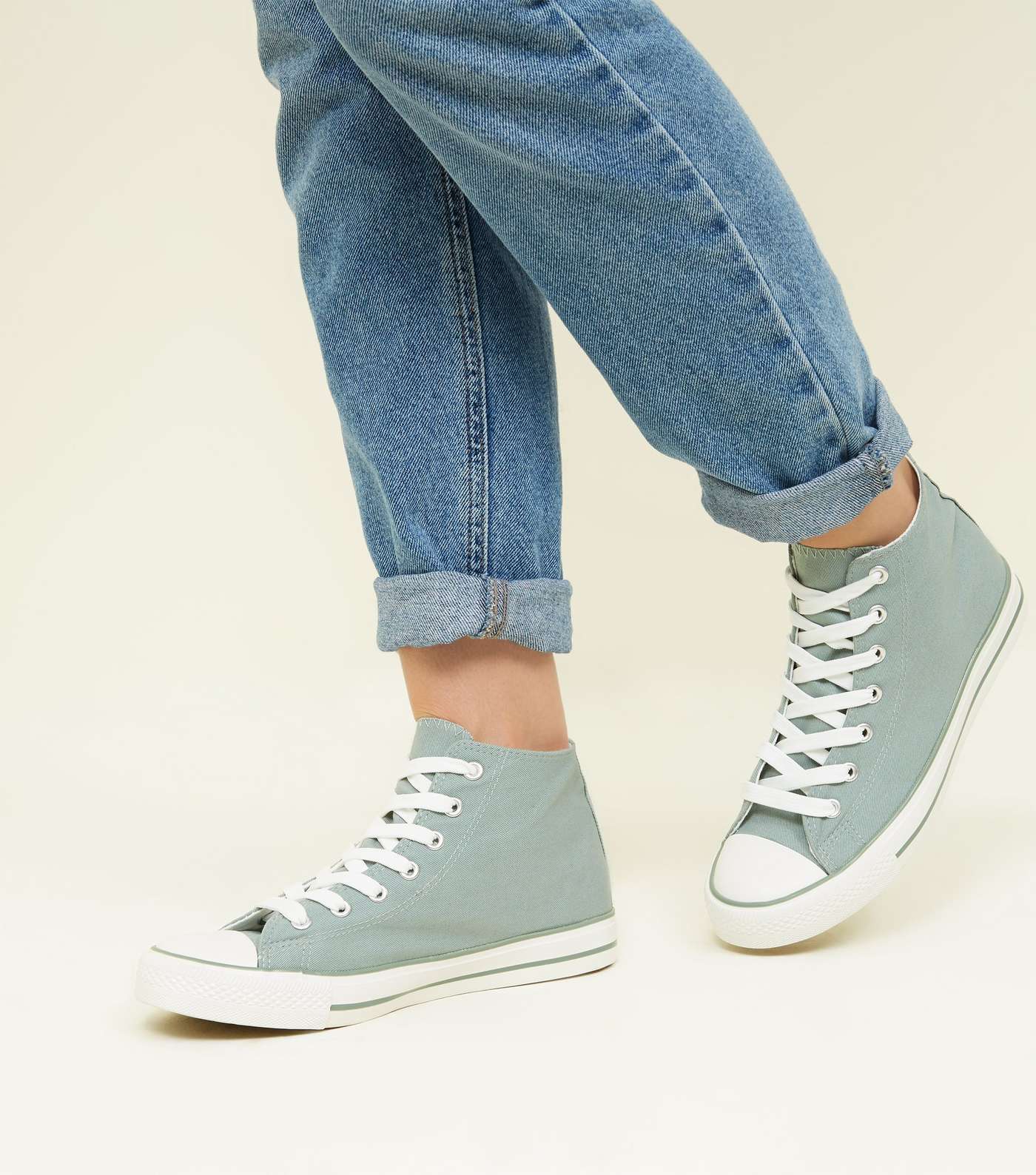 Mint Green Canvas Stripe Sole High Top Trainers Image 2