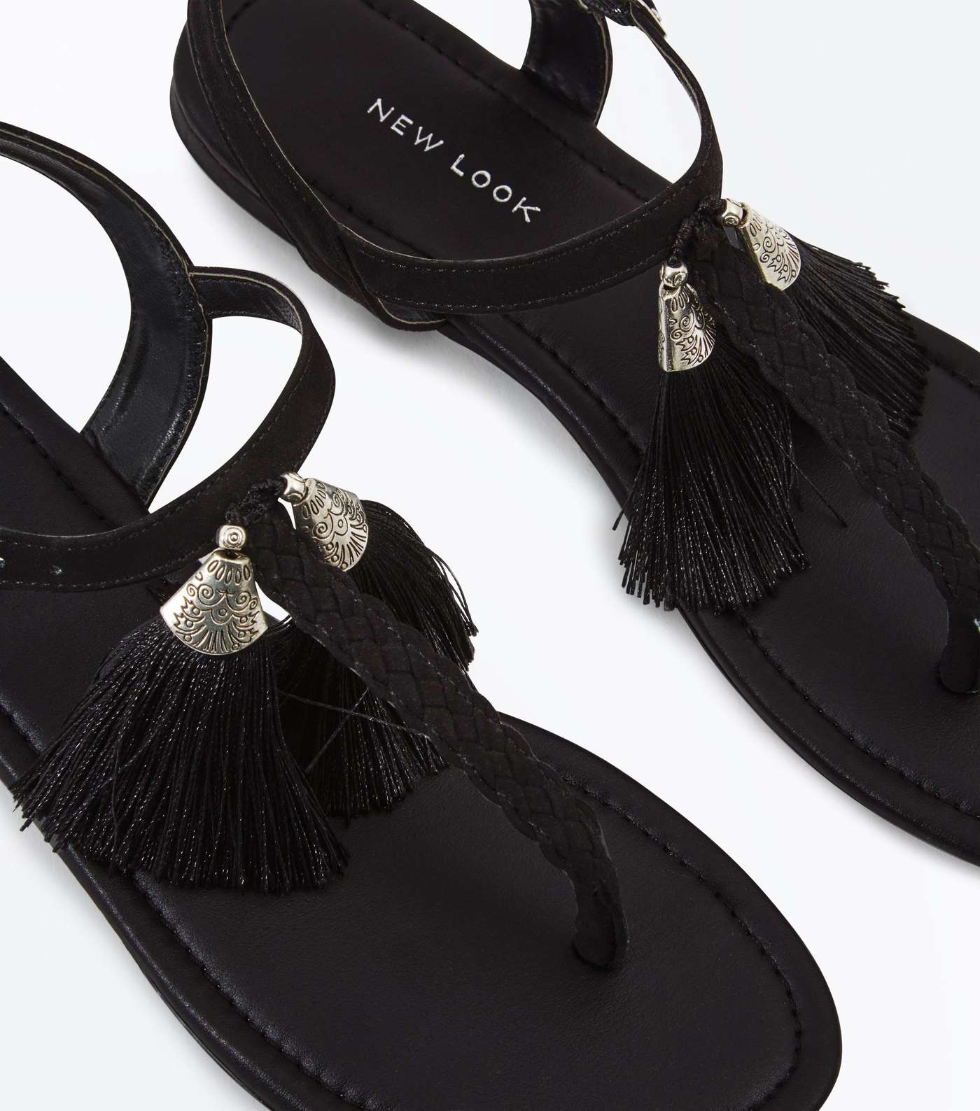 Black Suedette Tassel Trim Flat Sandals Image 4