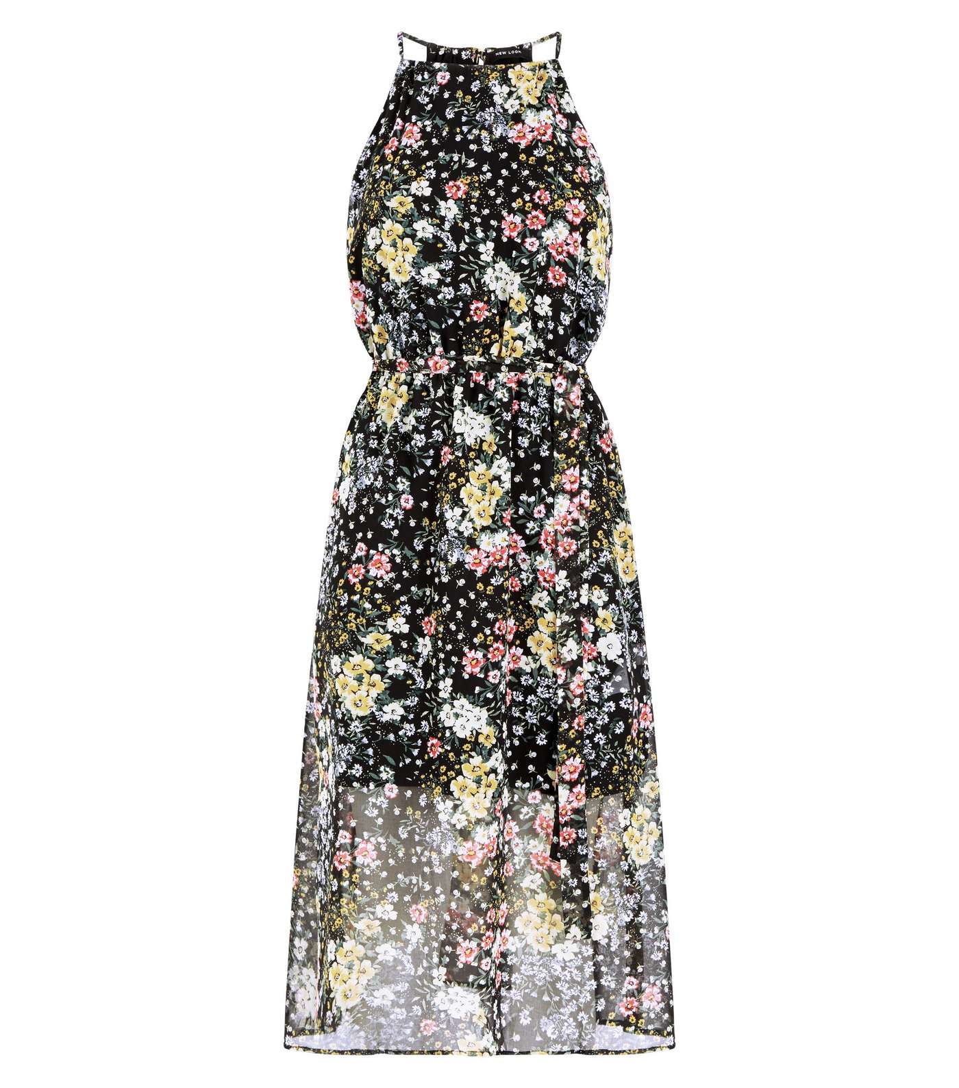 Black Floral High Neck Belted Midi Dress Image 3