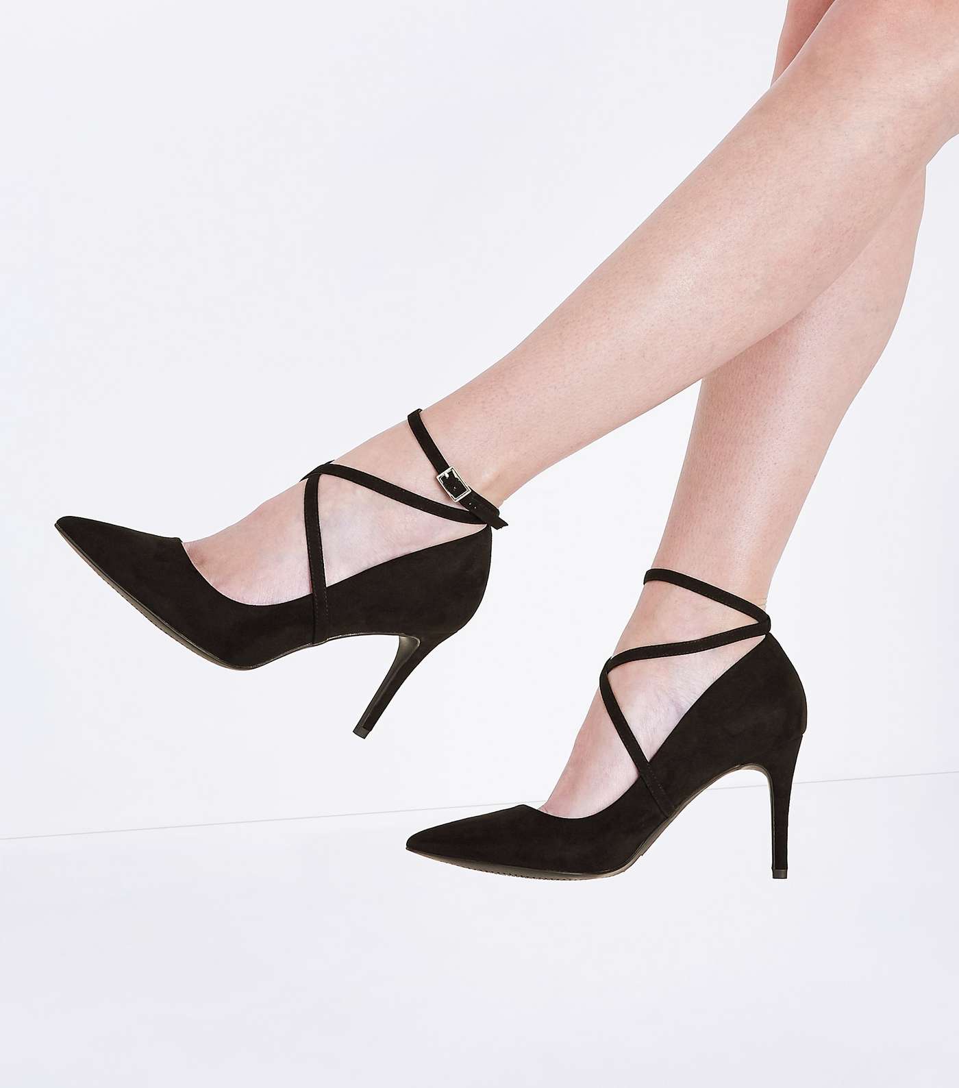 Black Suedette Strappy Pointed Courts Image 2