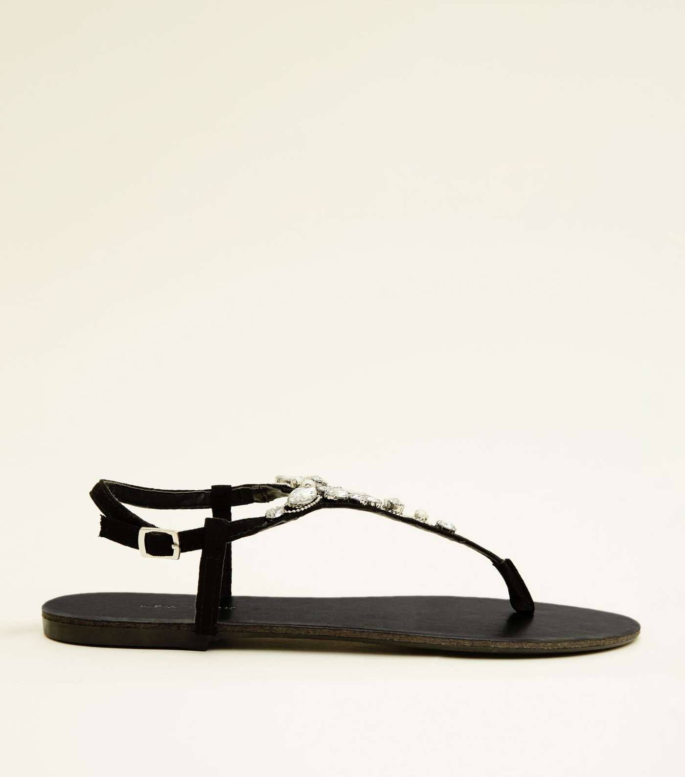 Black Gem Strap Flat Sandals