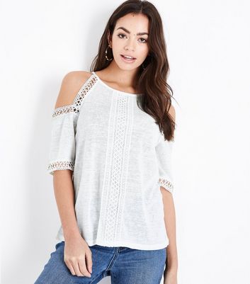 Cold Shoulder Tops | Open Shoulder Tops | New Look Black Crochet Hem Cold Shoulder T-Shirt; White Fine Knit Lace Trim Cold Shoulder Top