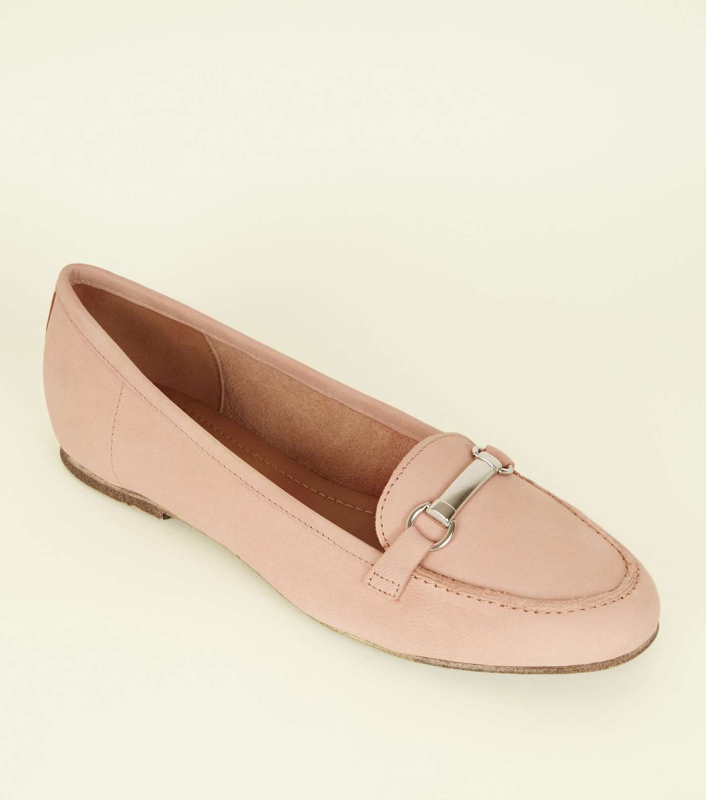 Pink Leather Metal Bar Front Loafers 