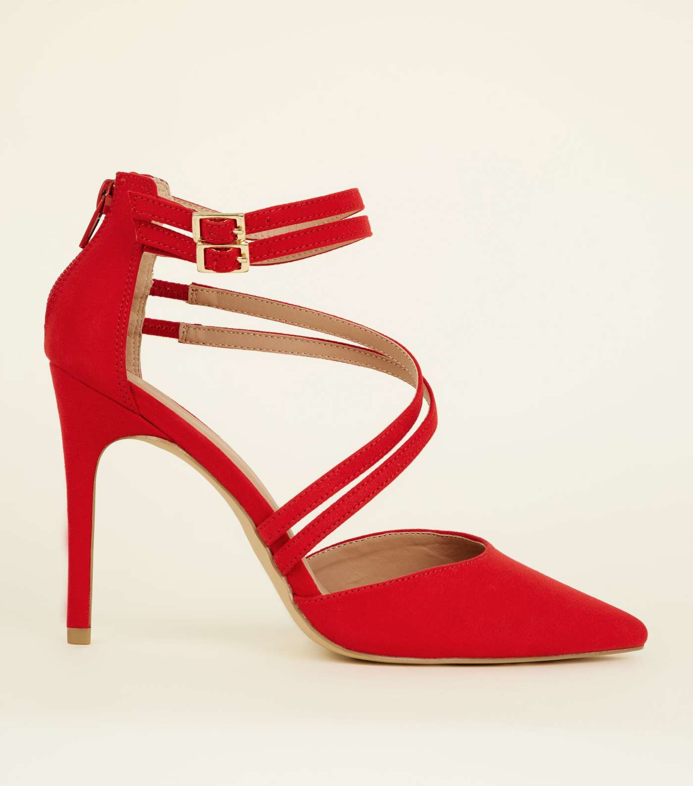 Wide Fit Red Suedette Asymmetric Strap Pointed Heels