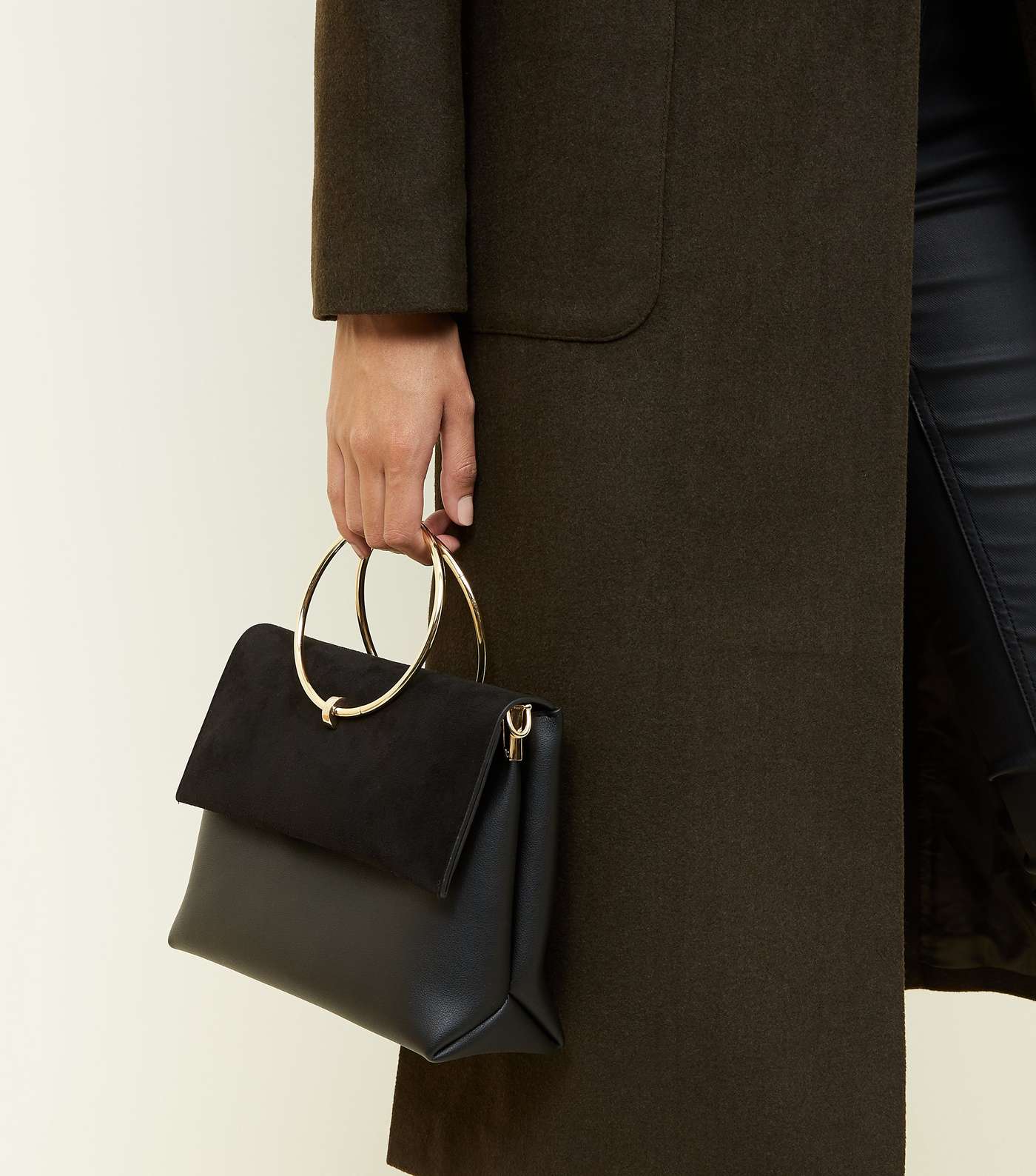 Black Leather-Look Ring Handle Shoulder Bag Image 2