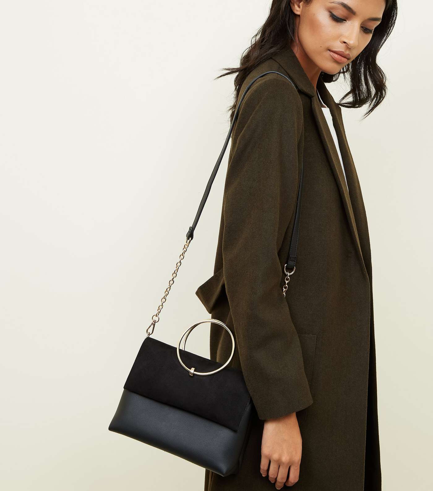 Black Leather-Look Ring Handle Shoulder Bag Image 6