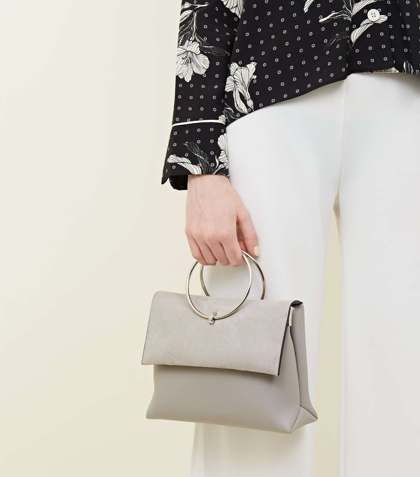 Grey Leather-Look Ring Handle Shoulder Bag Image 2