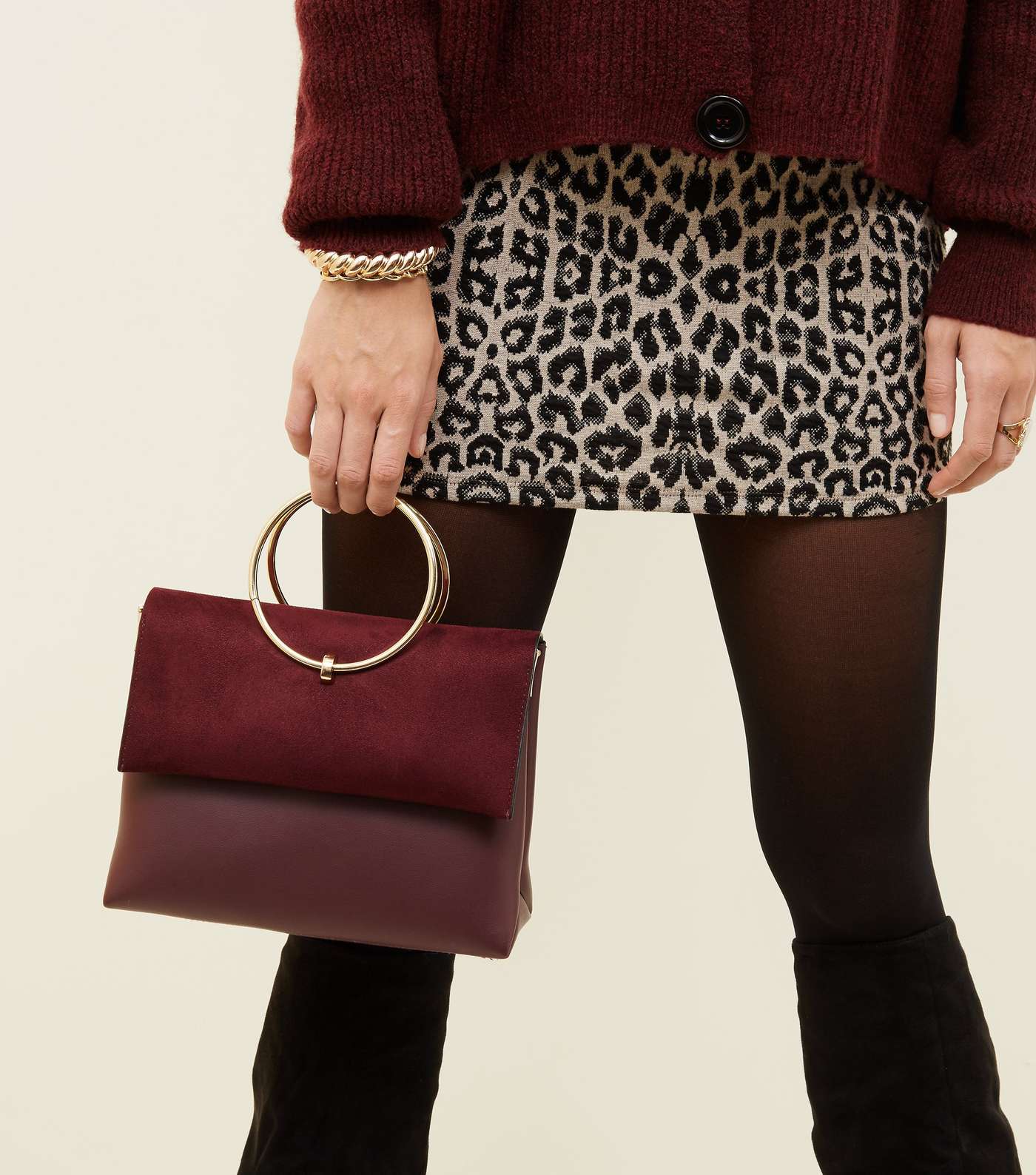 Burgundy Leather-Look Ring Handle Shoulder Bag Image 2