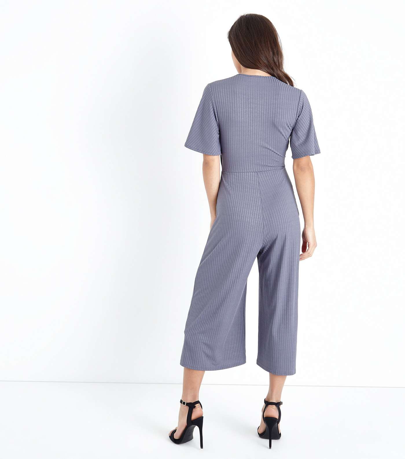 Petite Grey Tie Front Ribbed Culotte Jumpsuit Image 2