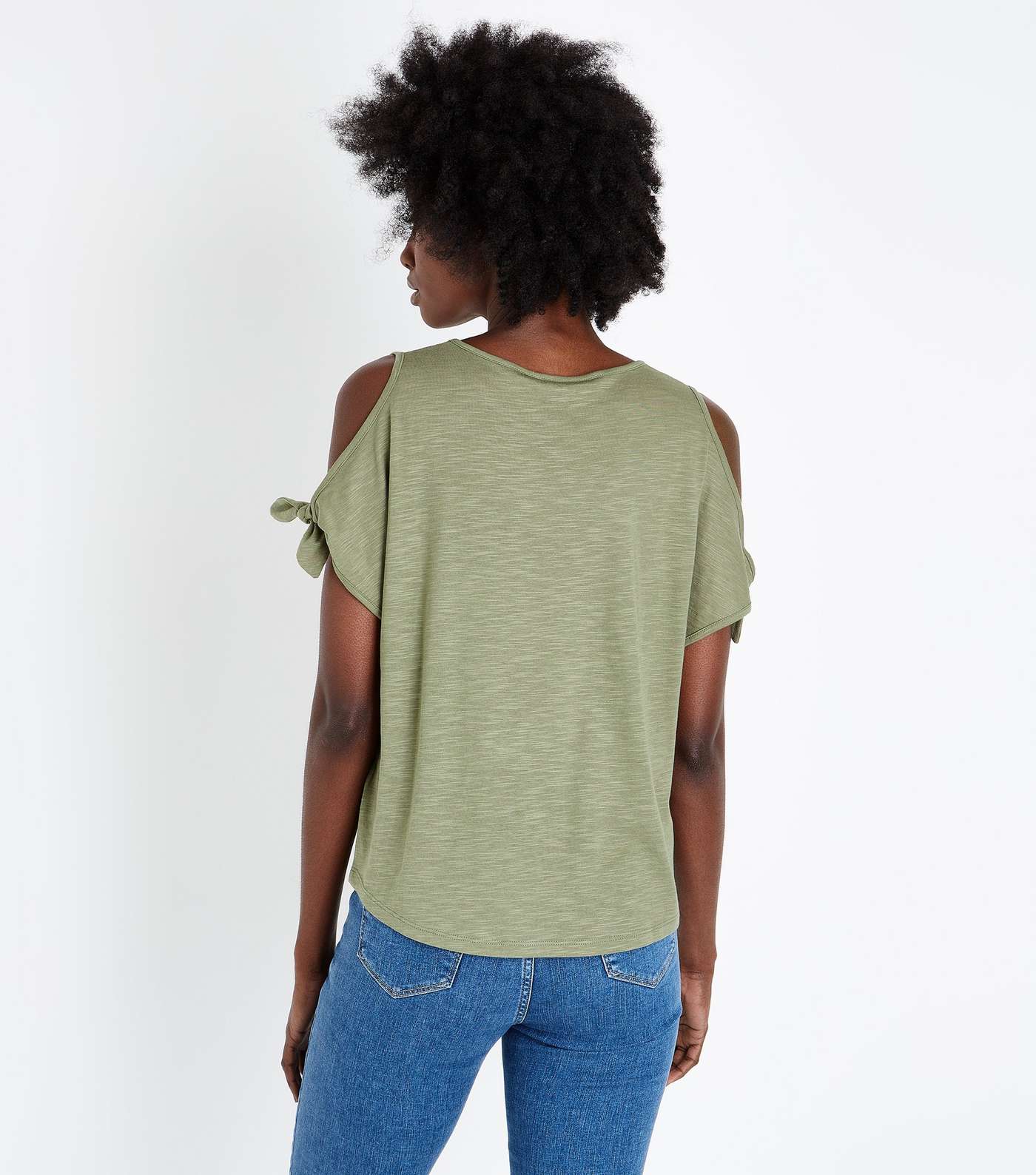 Olive Green Tie Cold Shoulder T-Shirt Image 3
