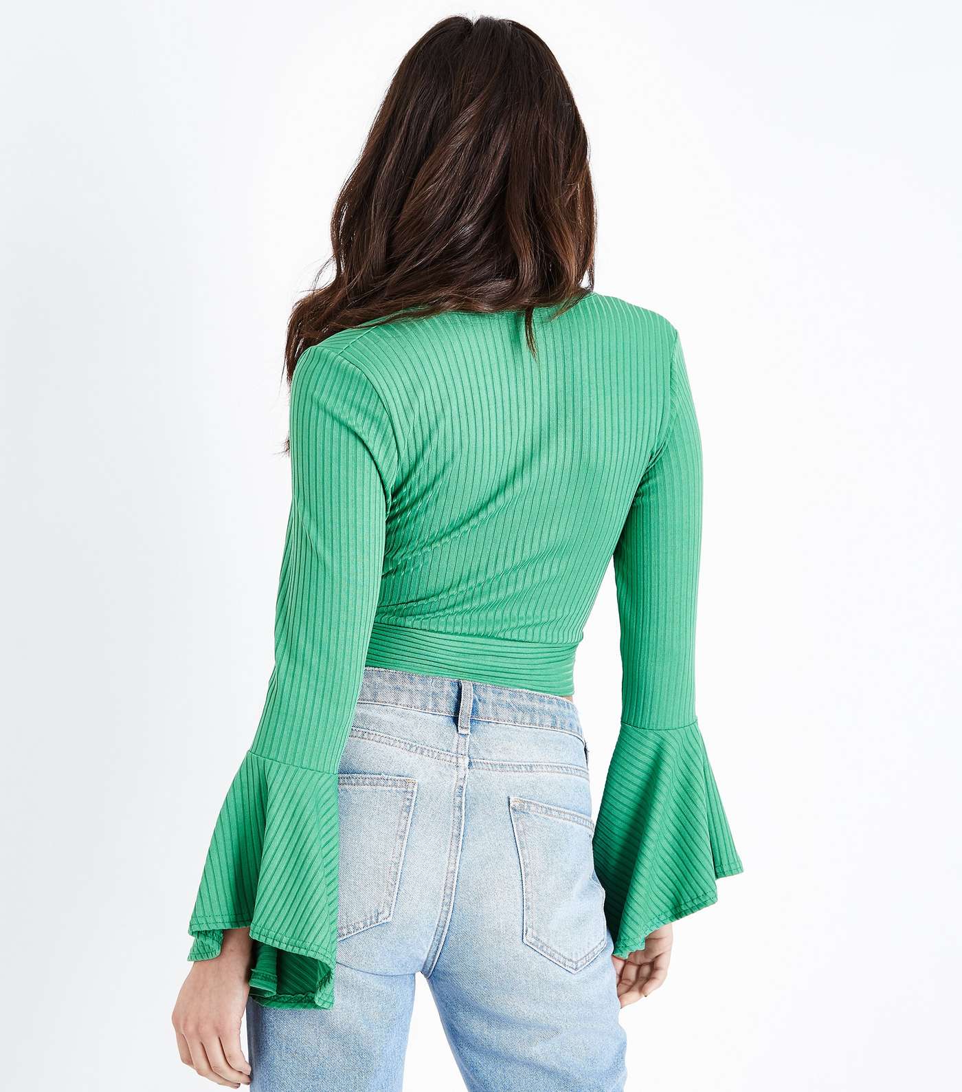 Green Ribbed Bell Sleeve Wrap Top Image 3