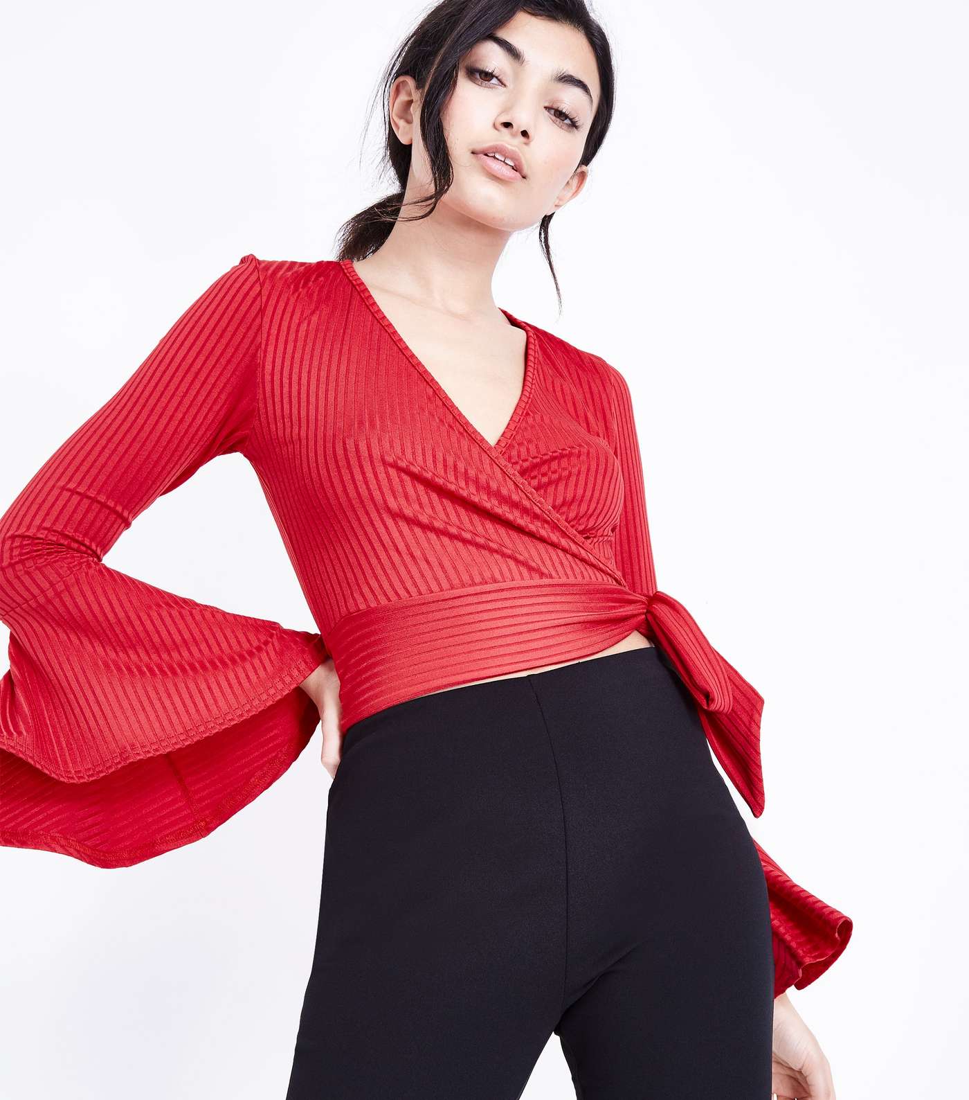 Red Ribbed Bell Sleeve Wrap Top