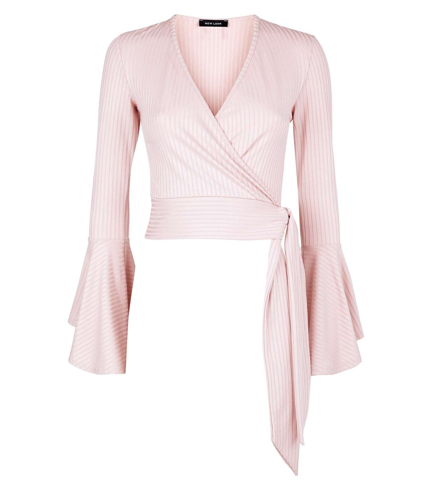 Pale Pink Ribbed Bell Sleeve Wrap Top Image 4