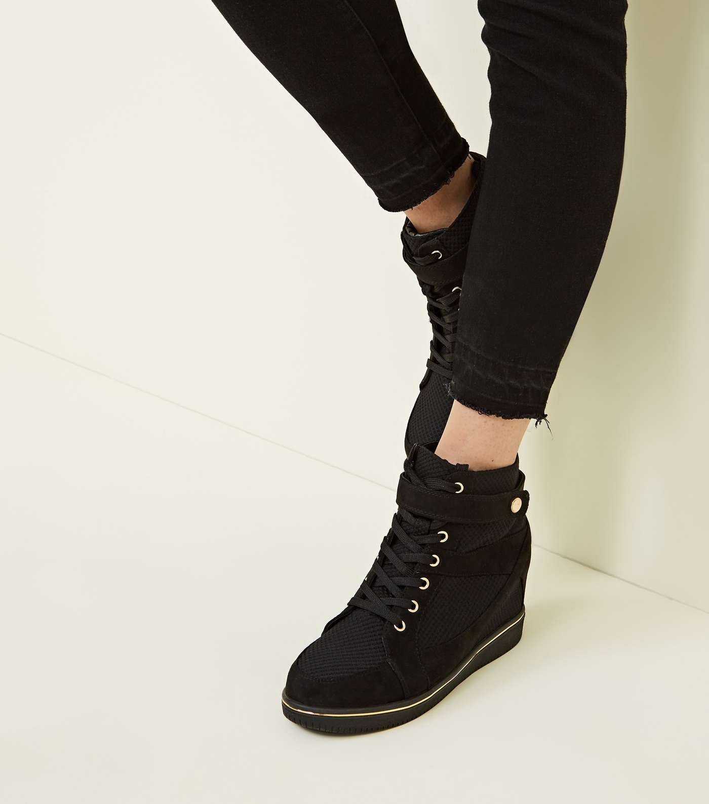 Black Mesh Panel High Top Wedge Trainers Image 2