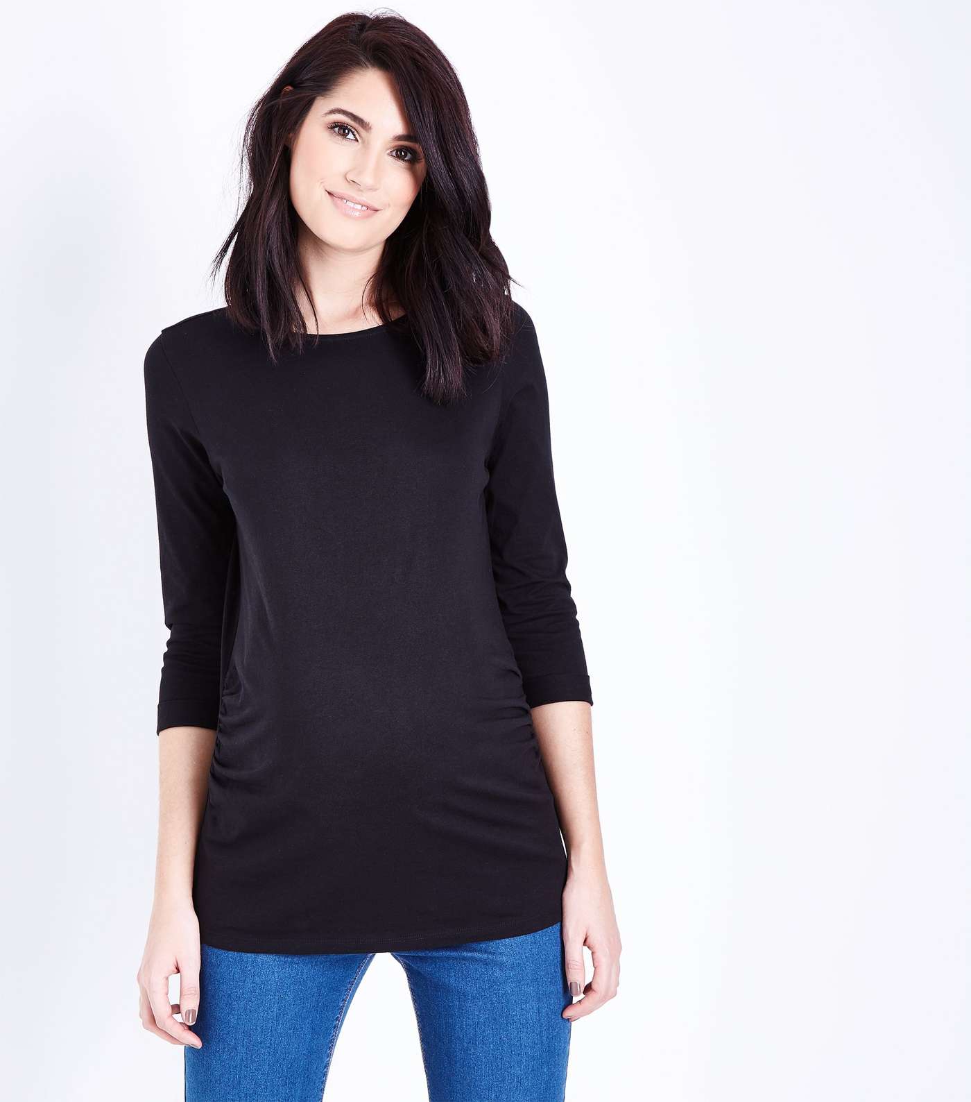 Maternity Black Ruched 3/4 Sleeve T-Shirt