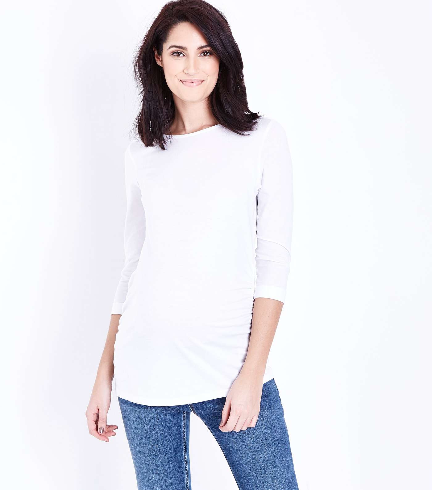 Maternity White Ruched 3/4 Sleeve T-Shirt