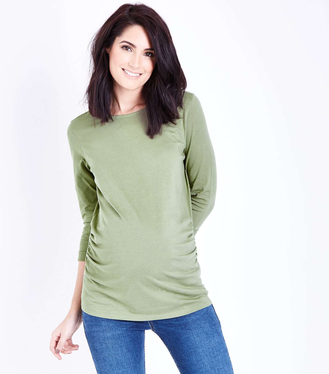 Maternity Olive Green Ruched 3/4 Sleeve T-Shirt