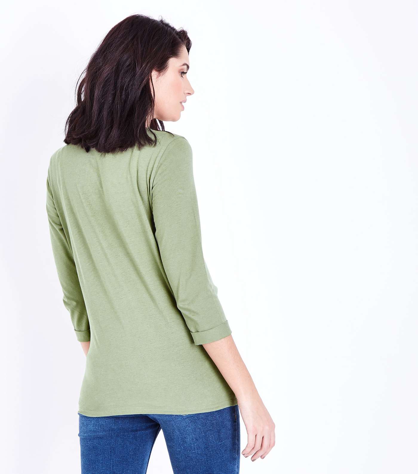 Maternity Olive Green Ruched 3/4 Sleeve T-Shirt Image 3