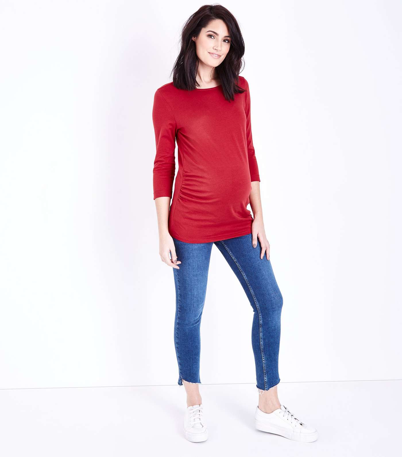 Maternity Dark Red Ruched 3/4 Sleeve T-Shirt Image 2