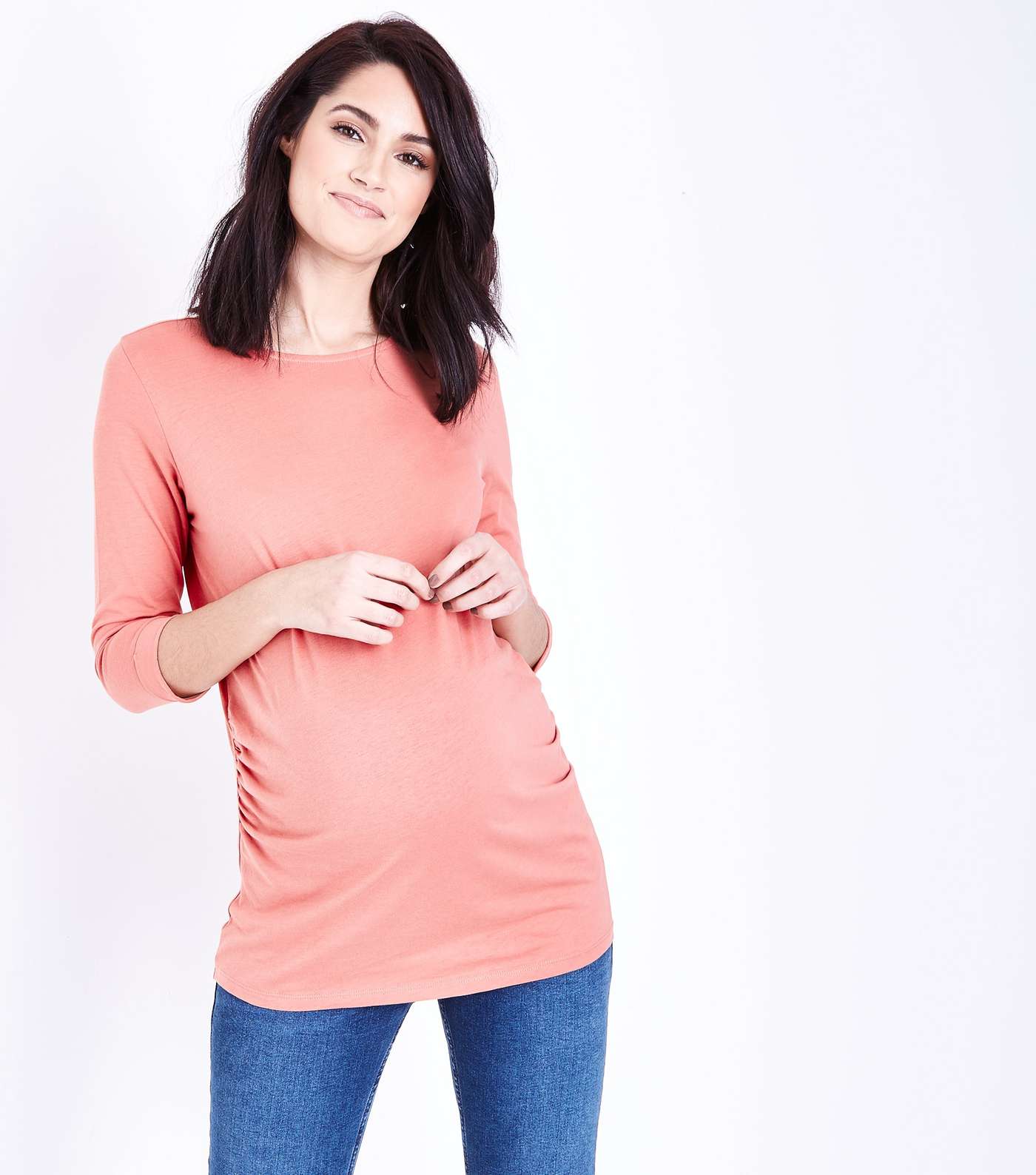 Maternity Deep Pink Ruched 3/4 Sleeve T-Shirt