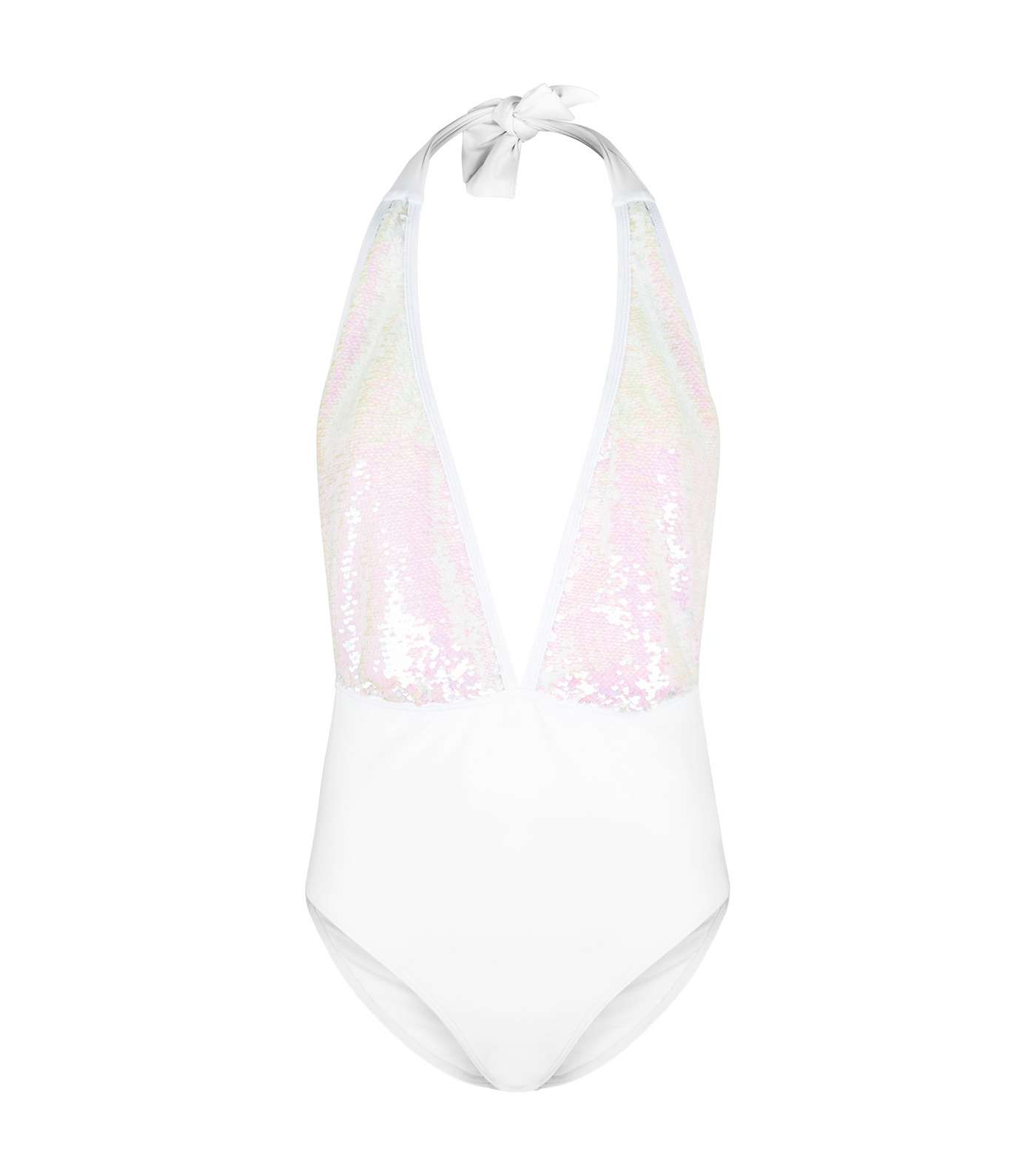 White Sequin Plunge Neck Swimsuit  Image 3