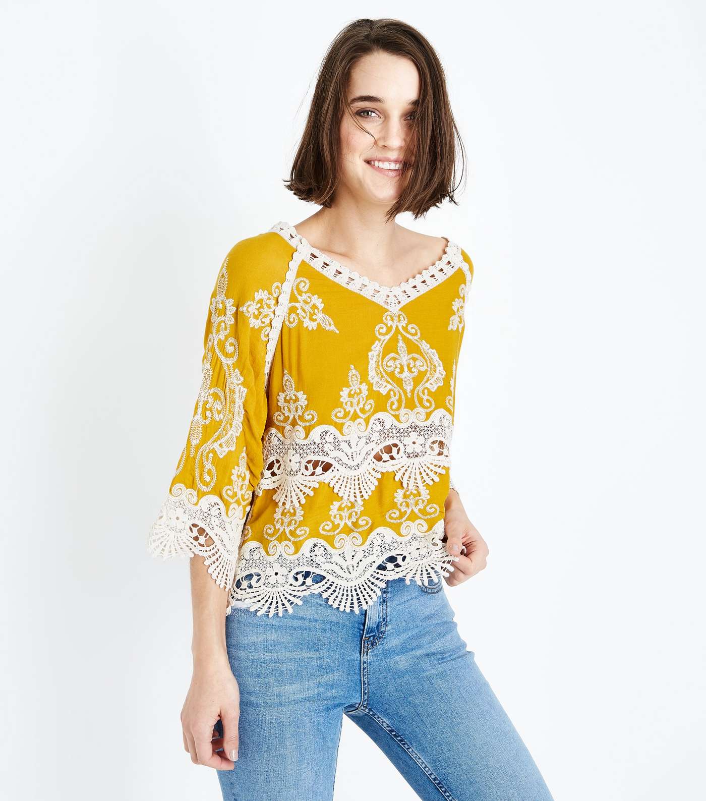 Yellow Crochet 3/4 Sleeve Top