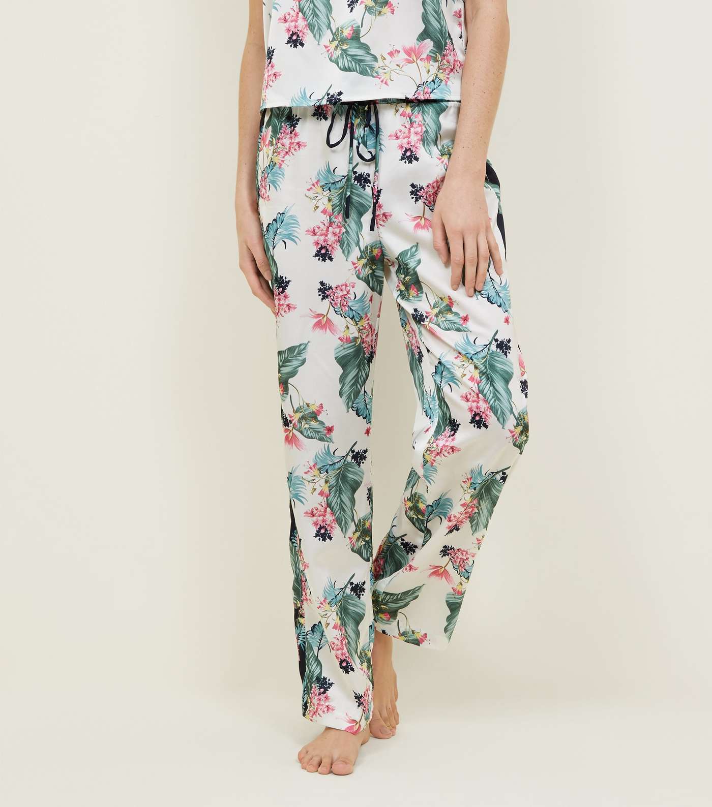 Soraya Off White Floral Leaf Print Satin Pyjama Trousers Image 2