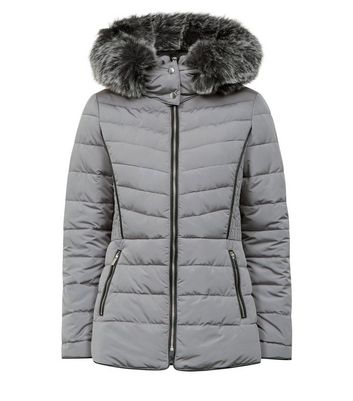 pale grey faux fur trim hooded puffer jacket