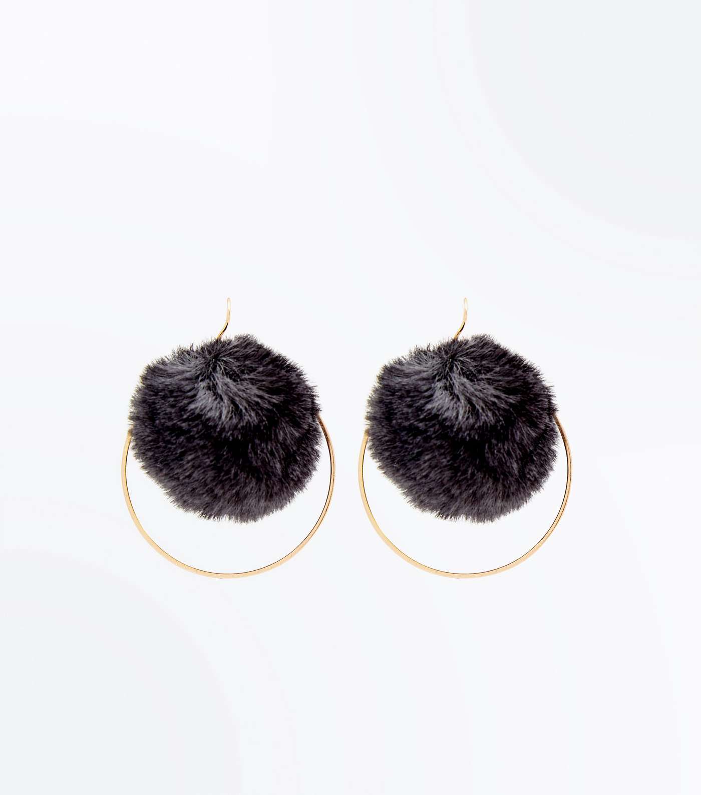 Black Fluffy Pom Pom Hoop Earrings