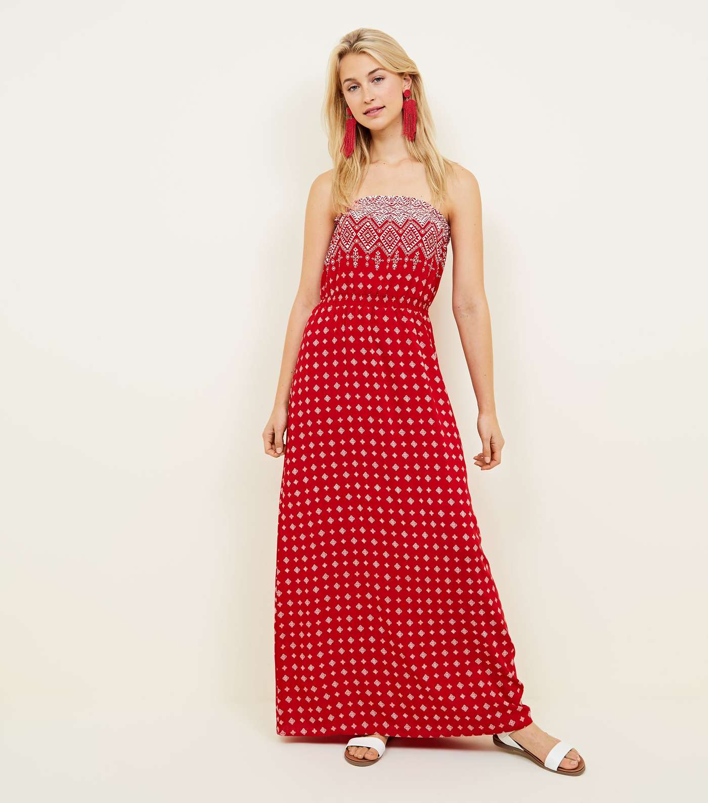 Red Tile Border Print Bandeau Maxi Dress