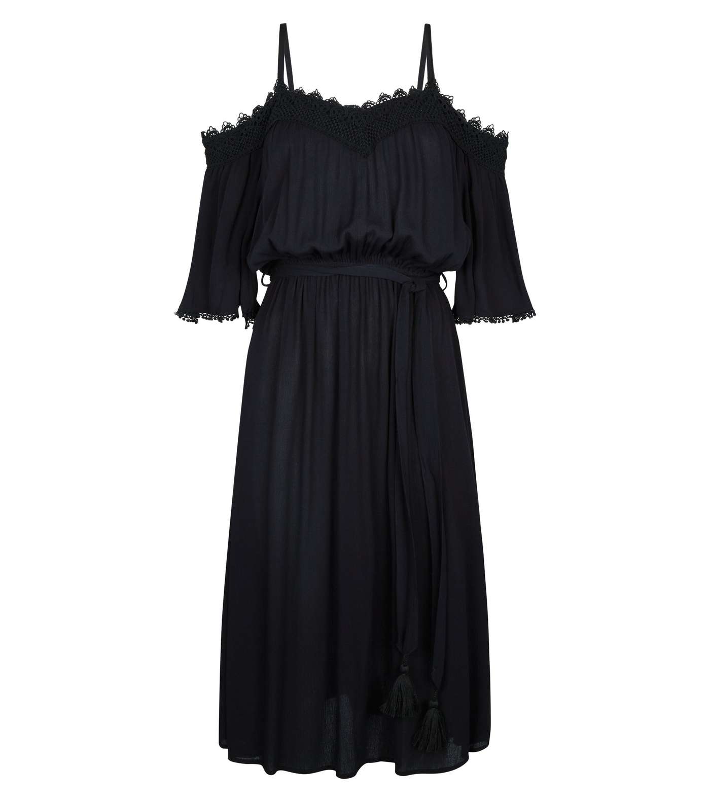 Black Crochet Trim Cold Shoulder Midi Dress Image 4