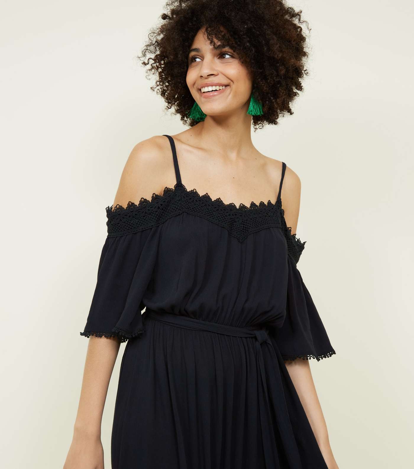 Black Crochet Trim Cold Shoulder Midi Dress Image 2