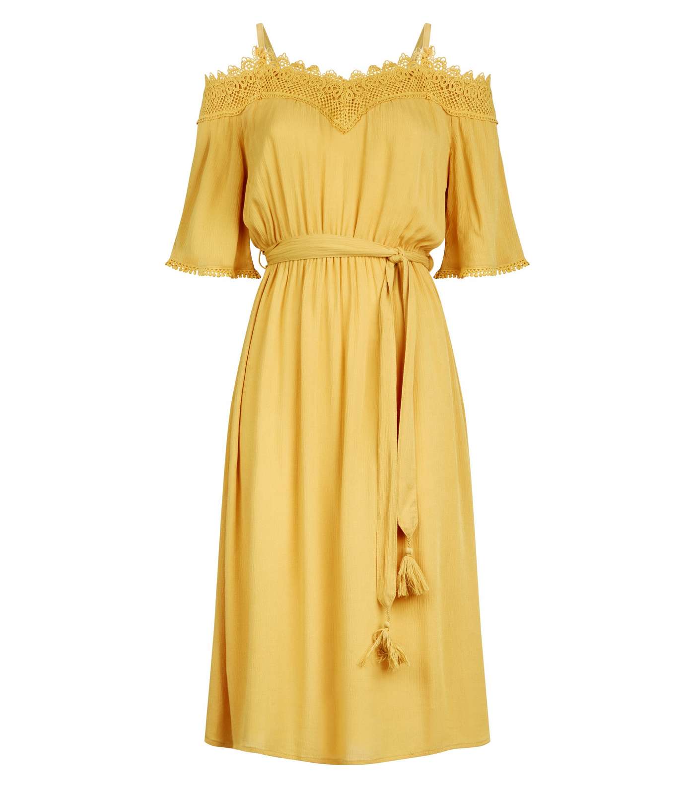 Mustard Crochet Trim Cold Shoulder Midi Dress Image 3