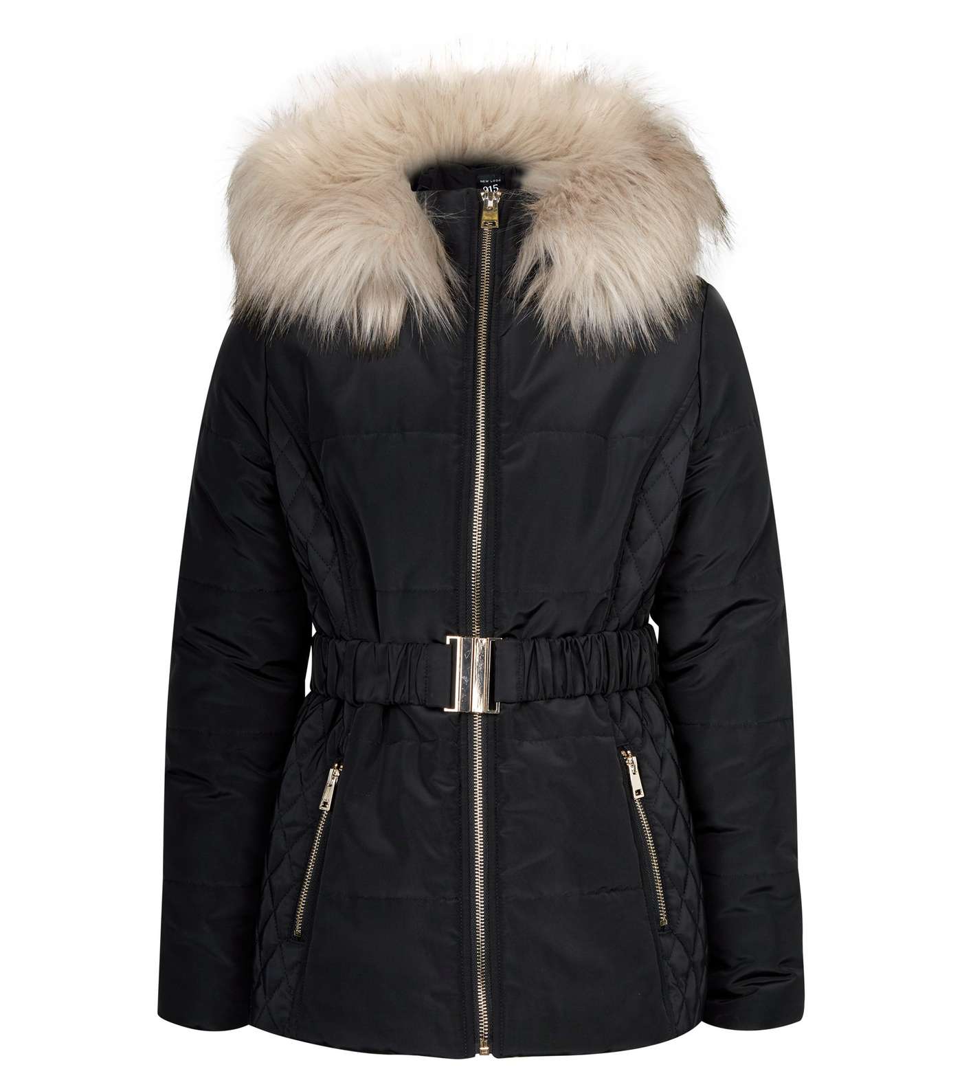 Girls Black Faux Fur Trim Hood Belted Puffer Jacket Image 4