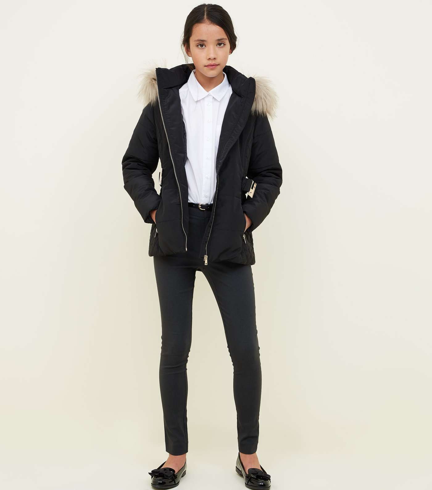 Girls Black Faux Fur Trim Hood Belted Puffer Jacket Image 2
