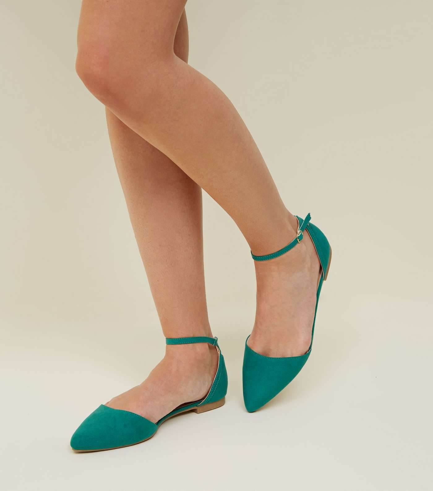Green Suedette Cut Out Back Pointed Flats Image 2