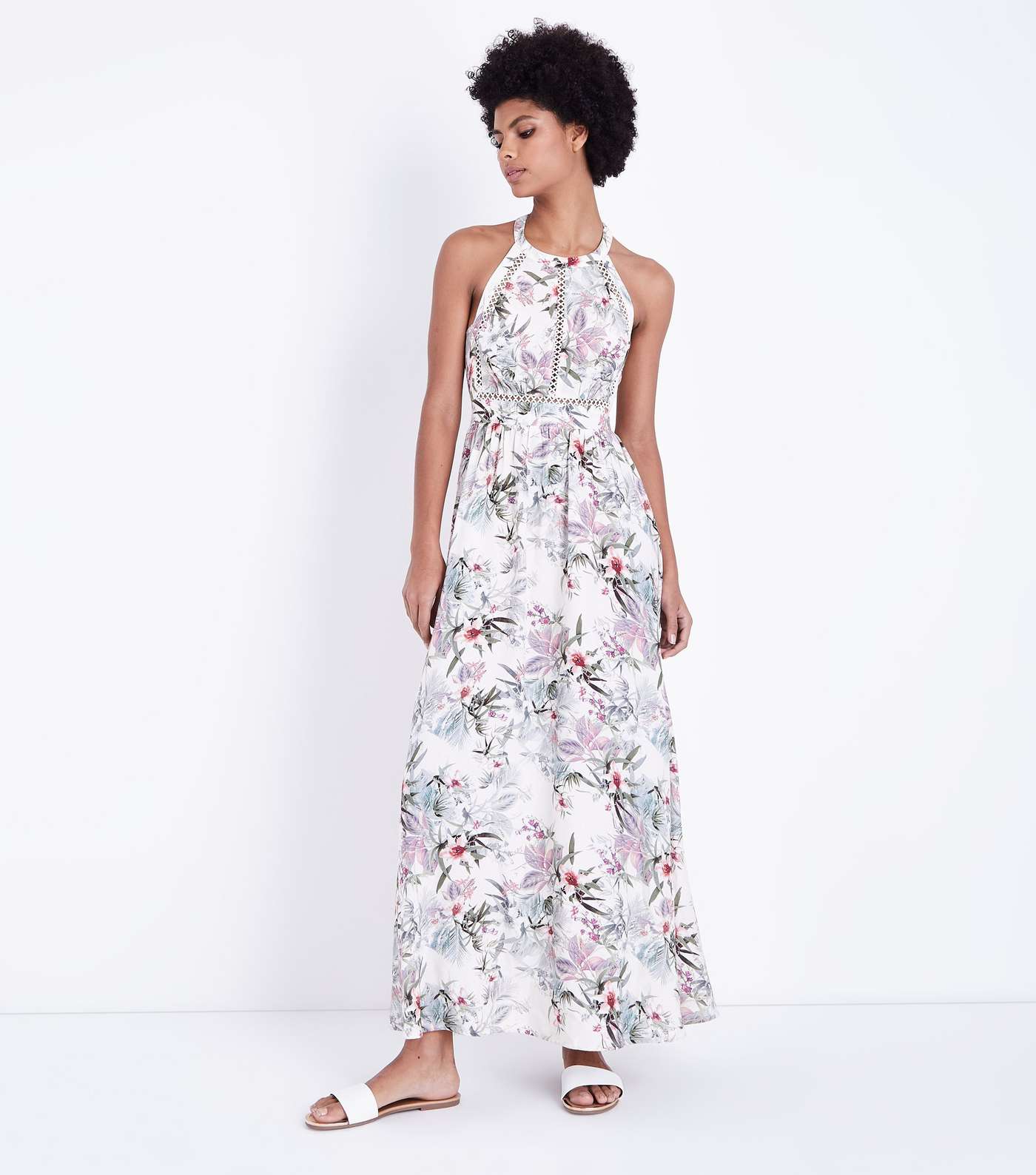 White Tropical Floral Halterneck Maxi Dress 