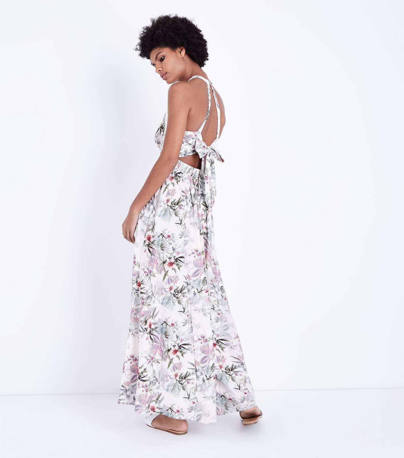 White Tropical Floral Halterneck Maxi Dress  Image 3