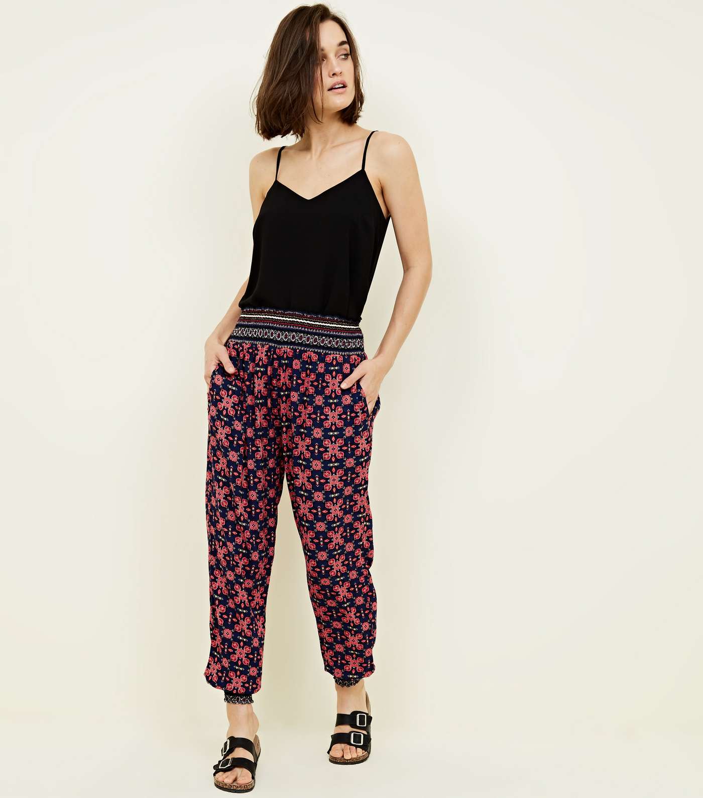 Blue Tile Print Cuffed Cheesecloth Joggers