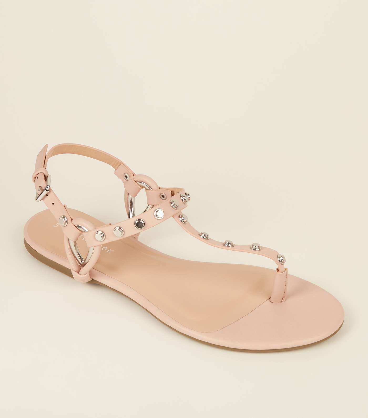 Nude Studded Strap Flat Sandals