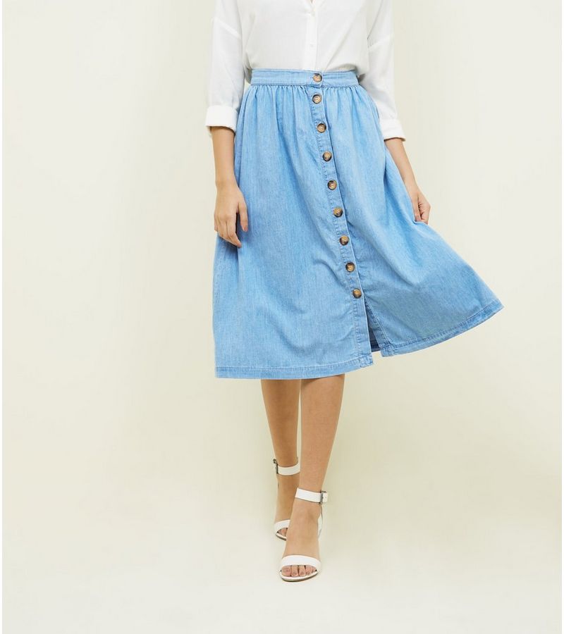 New Look Pale Blue Button Front Denim Midi Skirt at £19.99 | love the