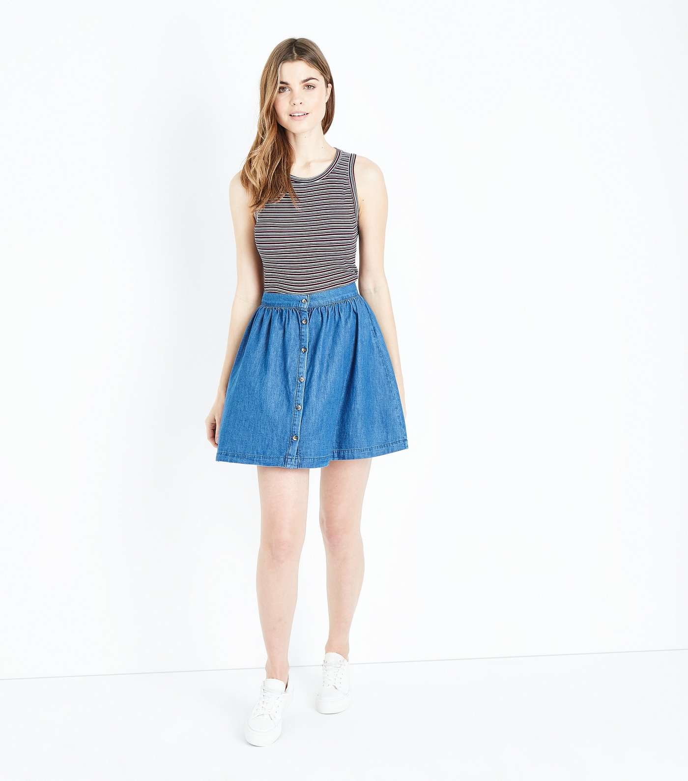 Blue Button Front Lightweight Denim Mini Skirt Image 2