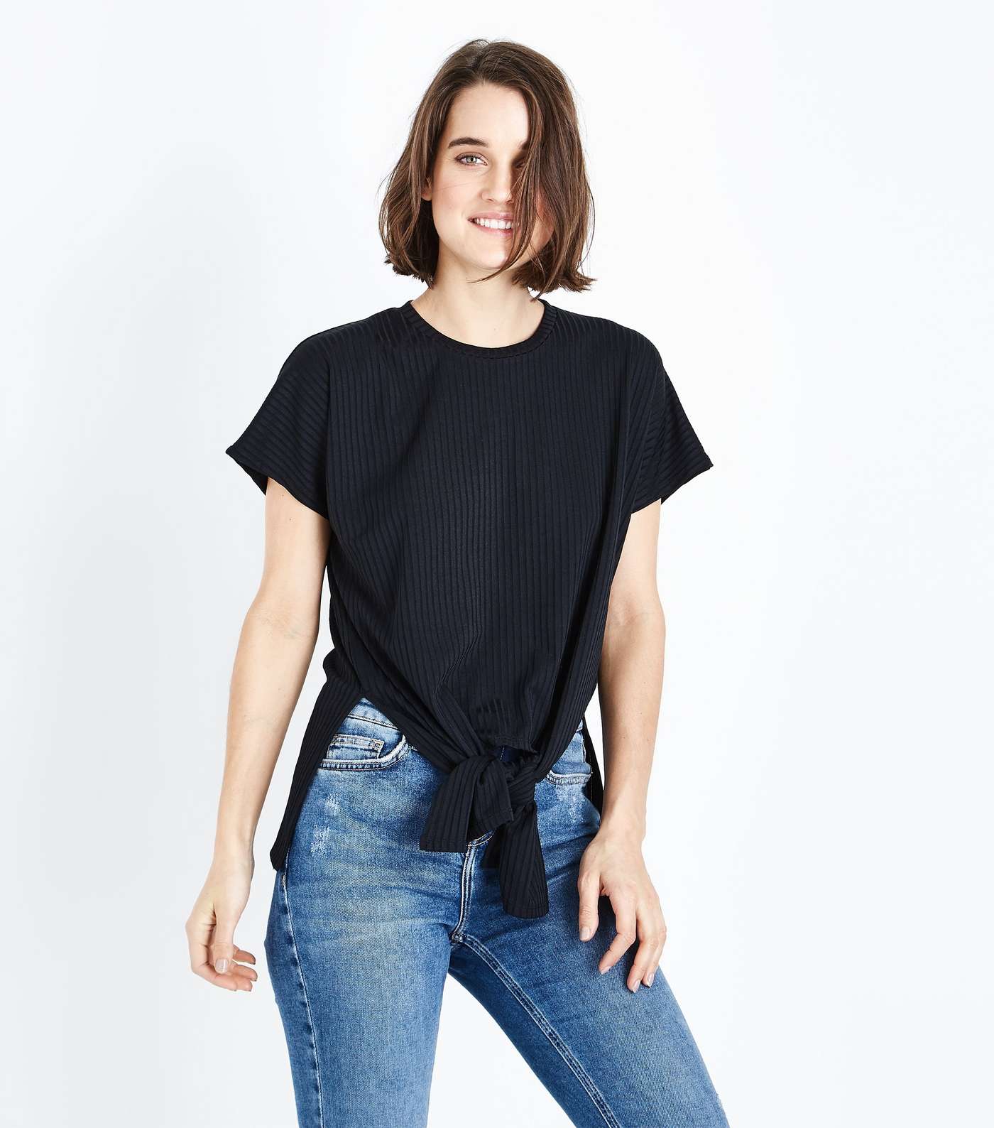 Black Ribbed Tie Front T-Shirt