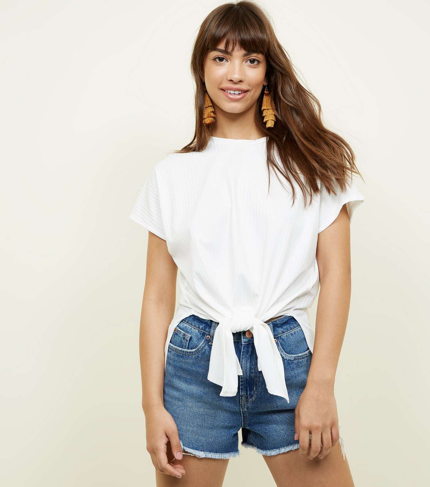 White Ribbed Tie Front T-Shirt