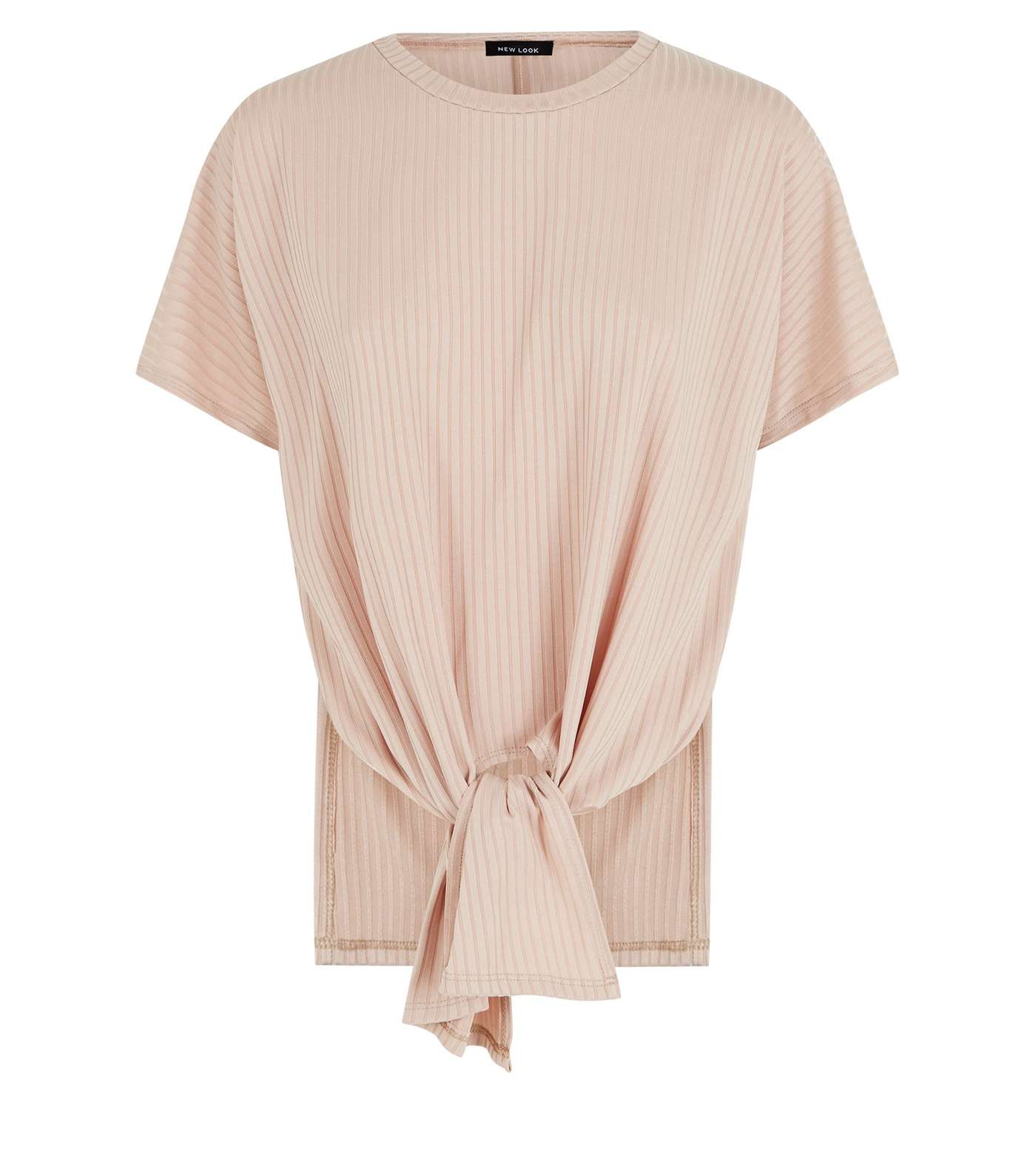 Pale Pink Ribbed Tie Front T-Shirt Image 4