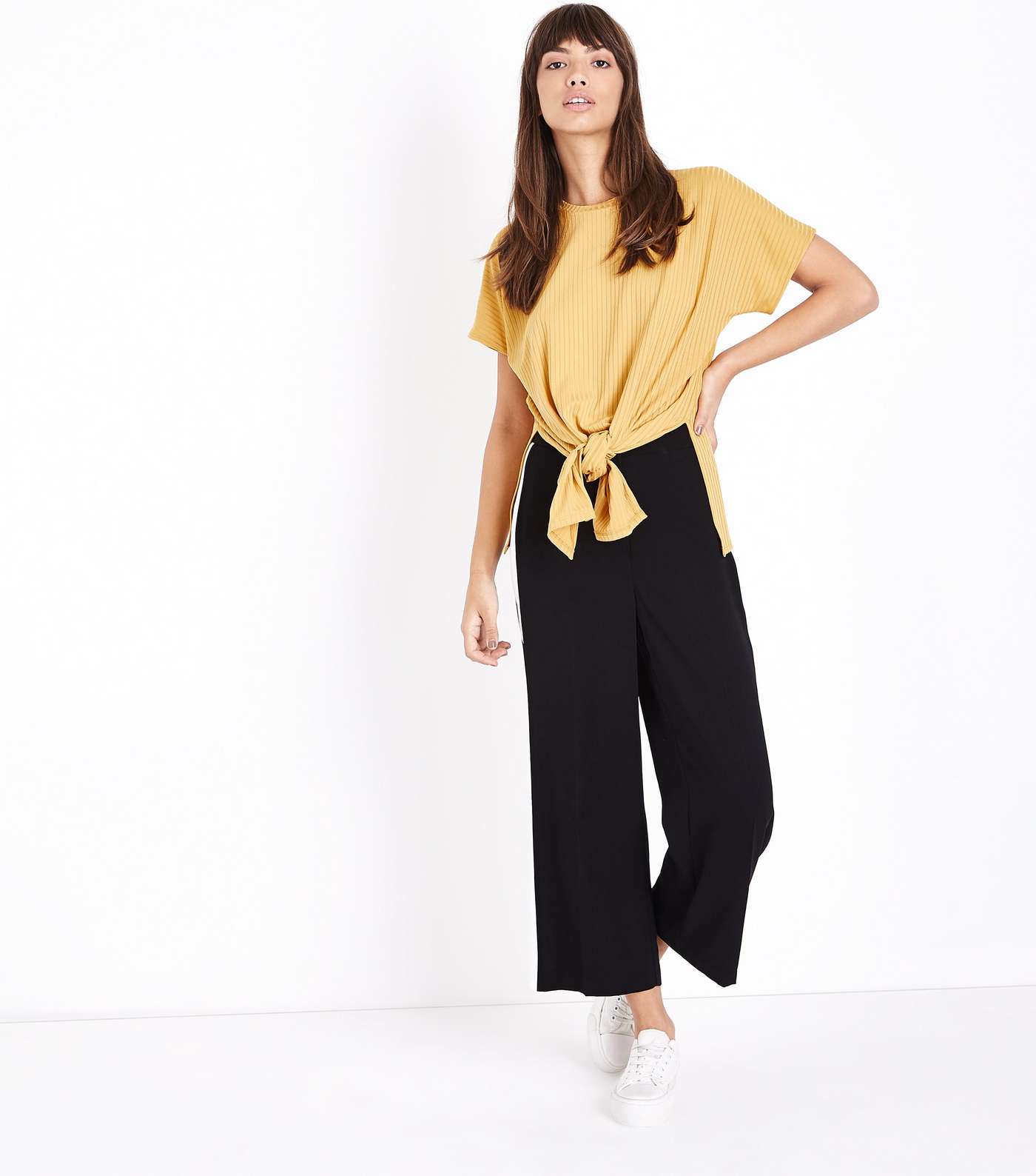 Mustard Ribbed Tie Front T-Shirt Image 2