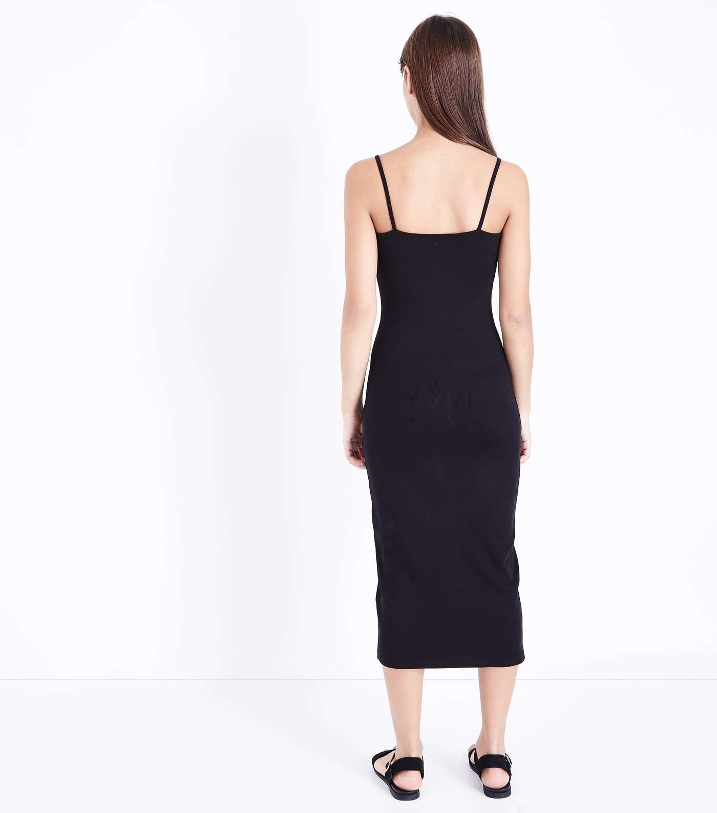 Black Ribbed Strappy Midi Dress Image 3